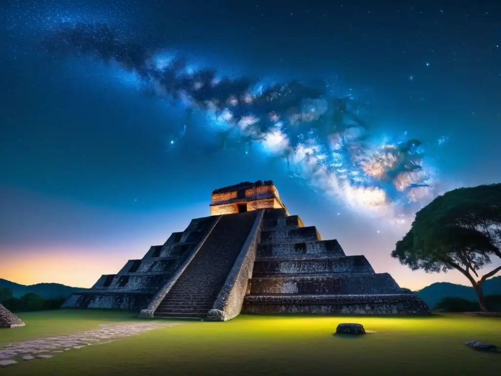 Noche estrellada sobre Observatorio Bonampak, reflejando la conexión entre la cultura maya y las estrellas