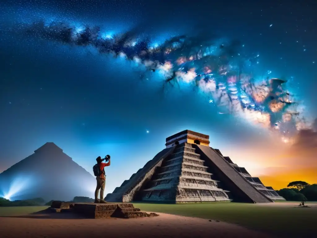 Una noche estrellada sobre ruinas mayas con constelaciones y la Vía Láctea brillando, reflejando la astronomía maya y sus prácticas culturales