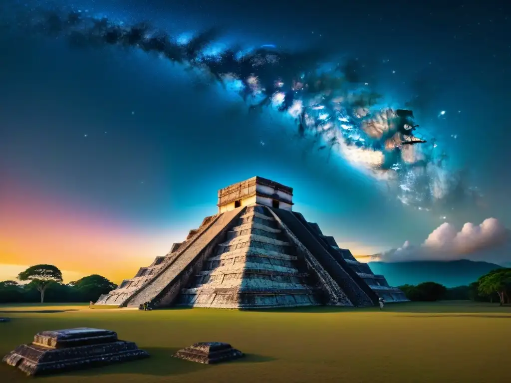 Una noche mágica en un observatorio astronómico maya, con antorchas iluminando la arquitectura antigua bajo un cielo estrellado