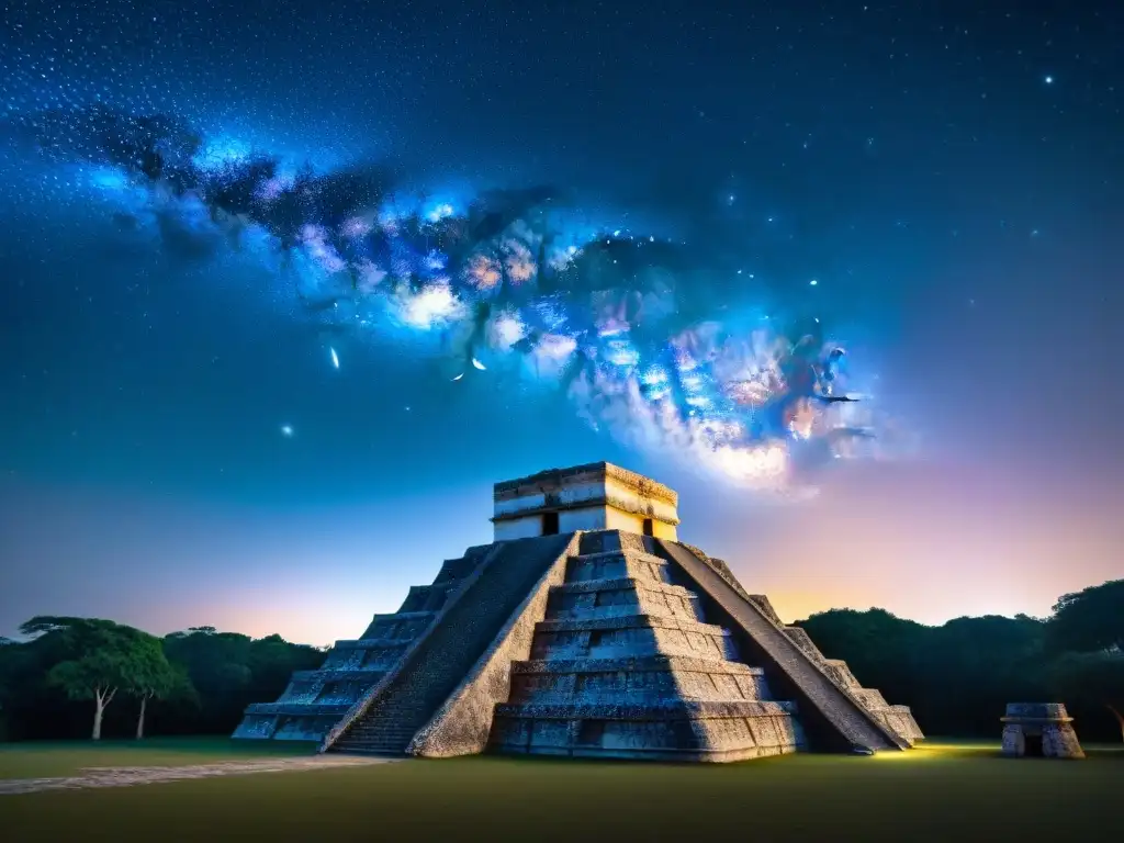 Una noche mágica en un observatorio maya, con constelaciones y la Vía Láctea