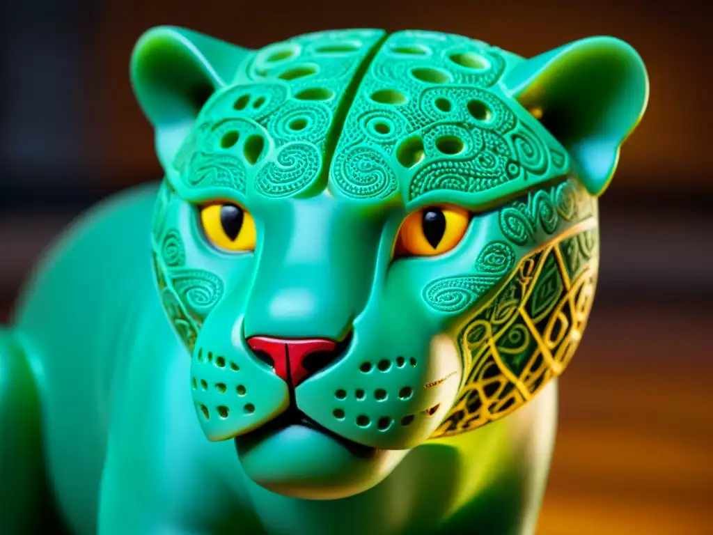 Una obra maestra maya: un jaguar majestuoso tallado con intrincados patrones y símbolos, iluminado para resaltar su significado en la iconografía maya