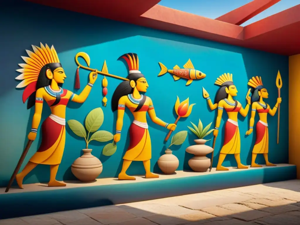 Una obra maestra de los murales mayas con intrincados diseños y colores simbólicos, resaltando la interpretación colores murales mayas