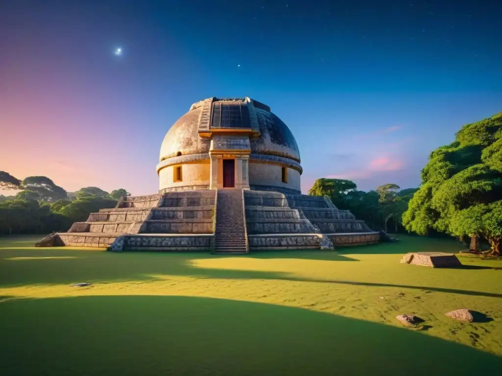 Un observatorio astronómico maya detallado con tallados de Venus, rodeado de vegetación, astrónomos modernos estudiando con telescopios y cuadernos