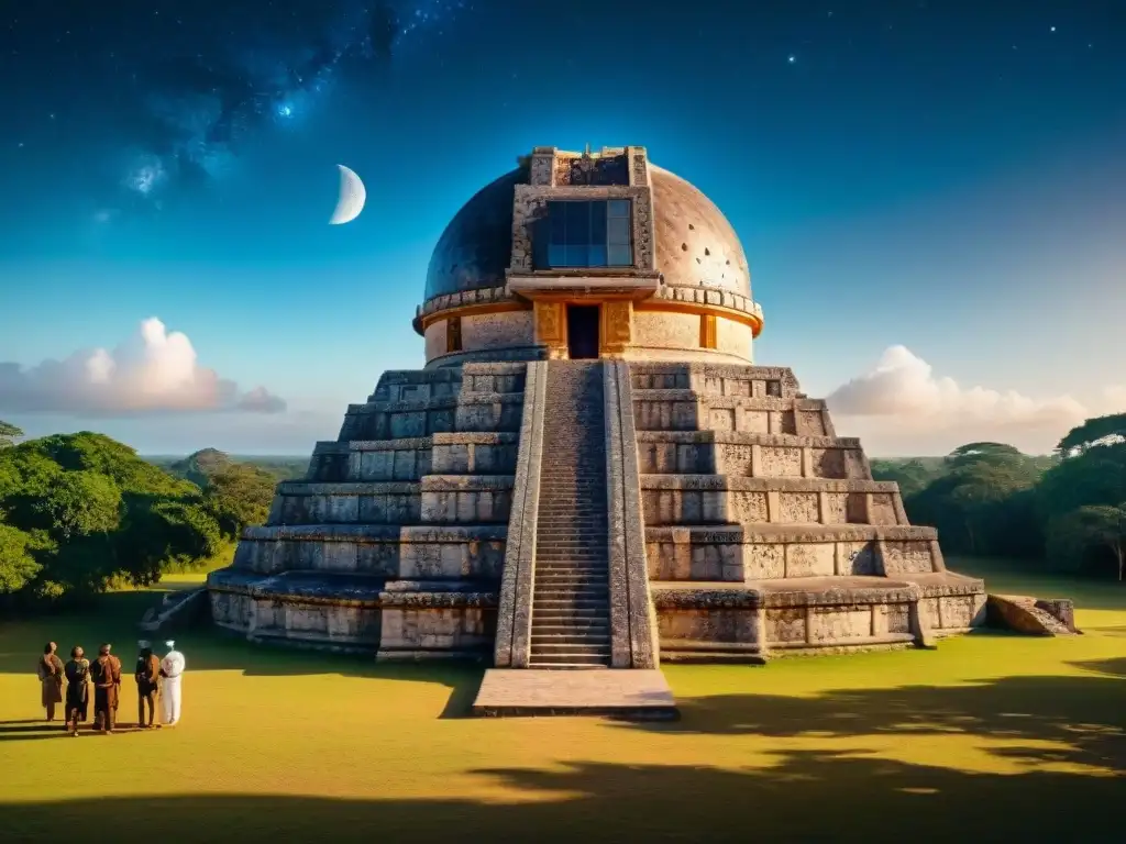 Observatorio astronómico maya con sacerdotes y cuerpos celestes