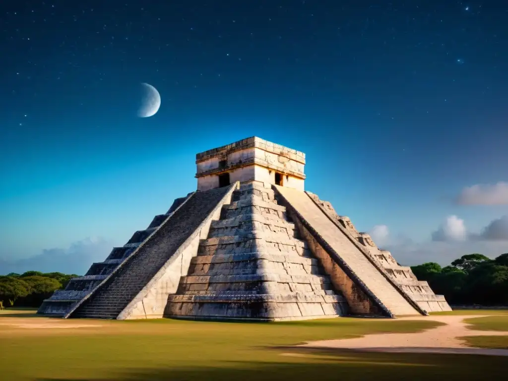 Observatorio astronómico maya en Chichen Itza, tallados en piedra y alineaciones celestiales bajo un cielo estrellado