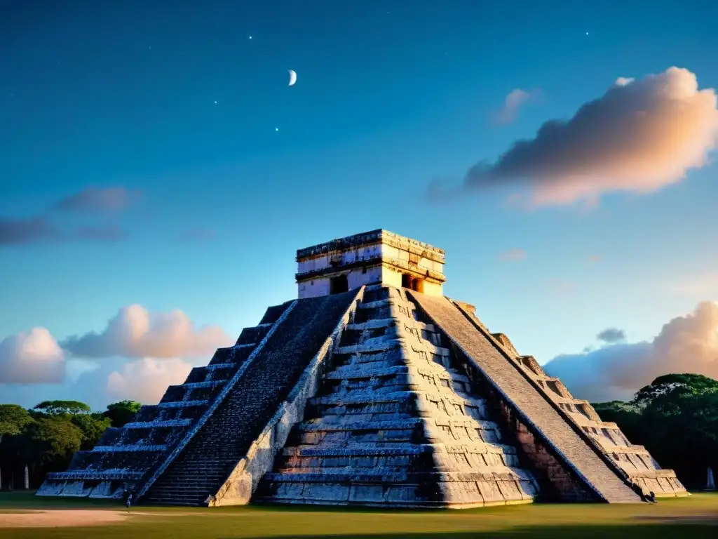Observatorio celestial Maya en Chichen Itza al anochecer Observatorio celestial maya en Chichen Itza, con El Castillo y símbolos astronómicos