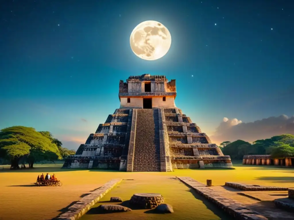 Un observatorio maya antiguo con intrincadas tallas y símbolos celestiales, iluminado por la luna llena en una noche estrellada