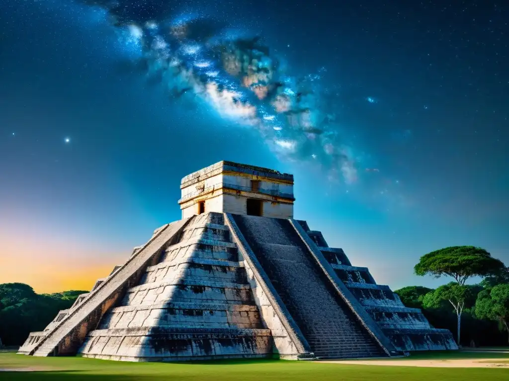 Observatorio maya en Chichen Itza, arquitectura de piedra con símbolos celestiales, cielo estrellado