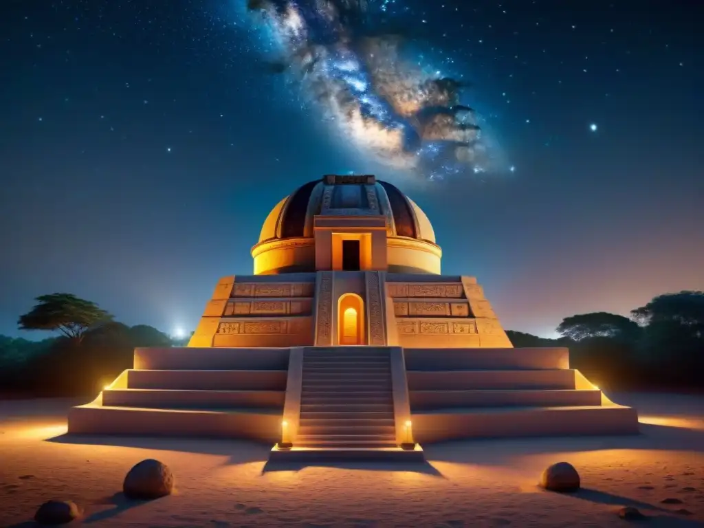 Reconstrucción 3D de observatorio maya con astrónomos estudiando el cielo estrellado