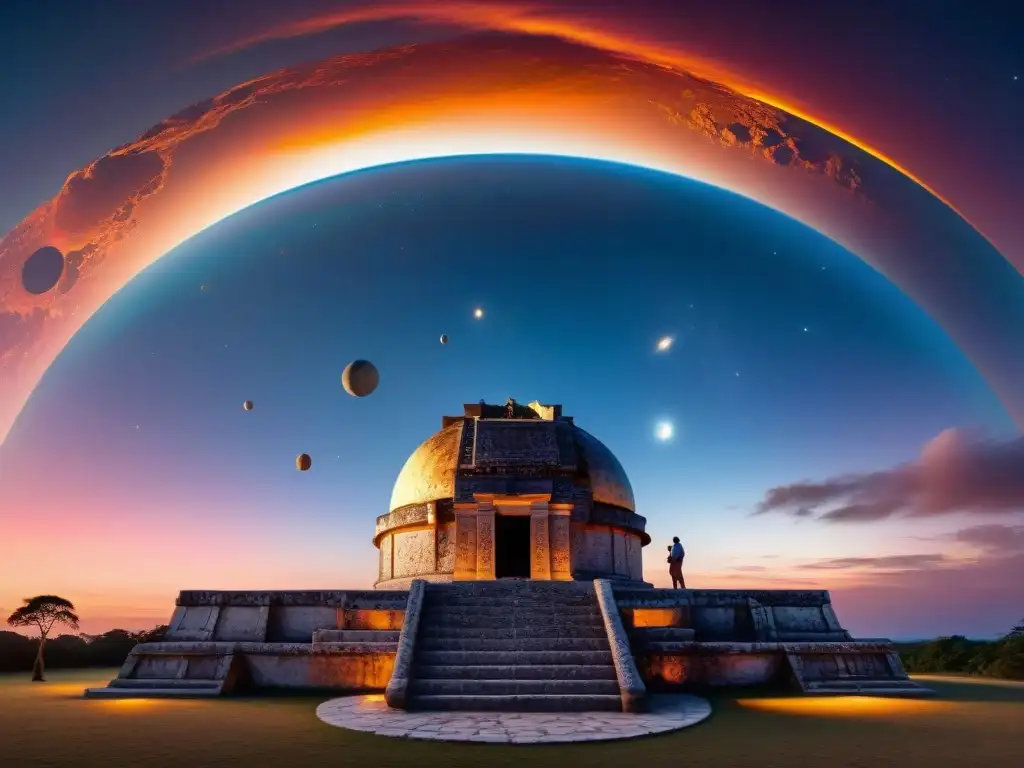 Observatorio maya detallado al atardecer con Venus brillando en el cielo