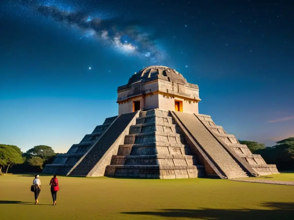 Un observatorio maya detallado iluminado por estrellas, turistas escuchando sobre técnicas astrónomas mayas en educativo turismo