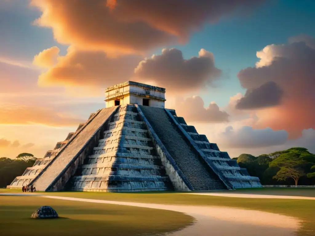 Un observatorio maya en Chichen Itza bajo un impresionante cielo al atardecer, reflejando la historia y la ciencia de esta civilización