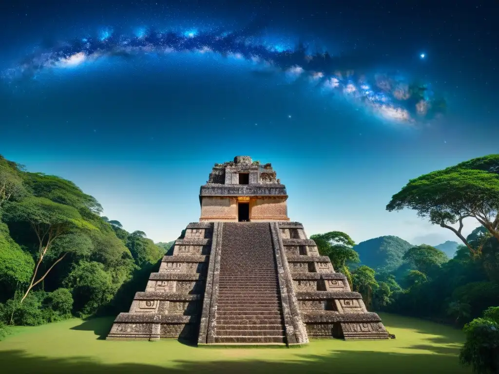 Observatorio Bonampak cultura maya estrellas: noche estrellada sobre el observatorio maya entre selva exuberante y símbolos astronómicos