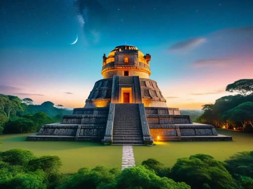 Observatorio maya en la selva, tallados detallados y alineaciones astronómicas, cielo estrellado