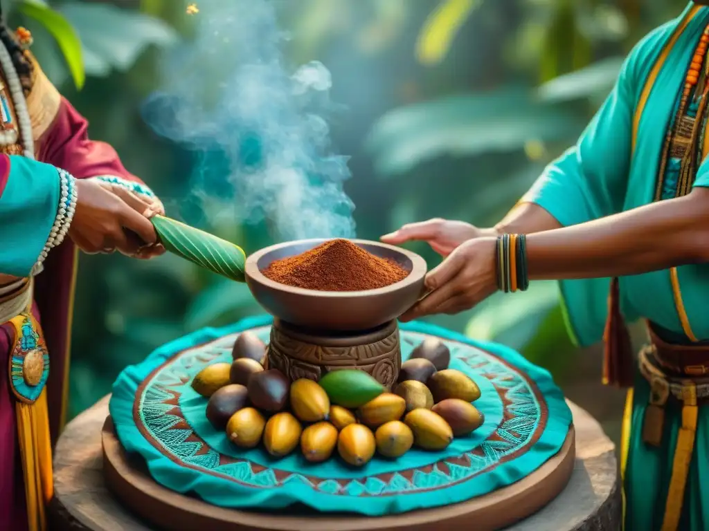 Ofrenda de cacao a deidad maya en ritual tradicional