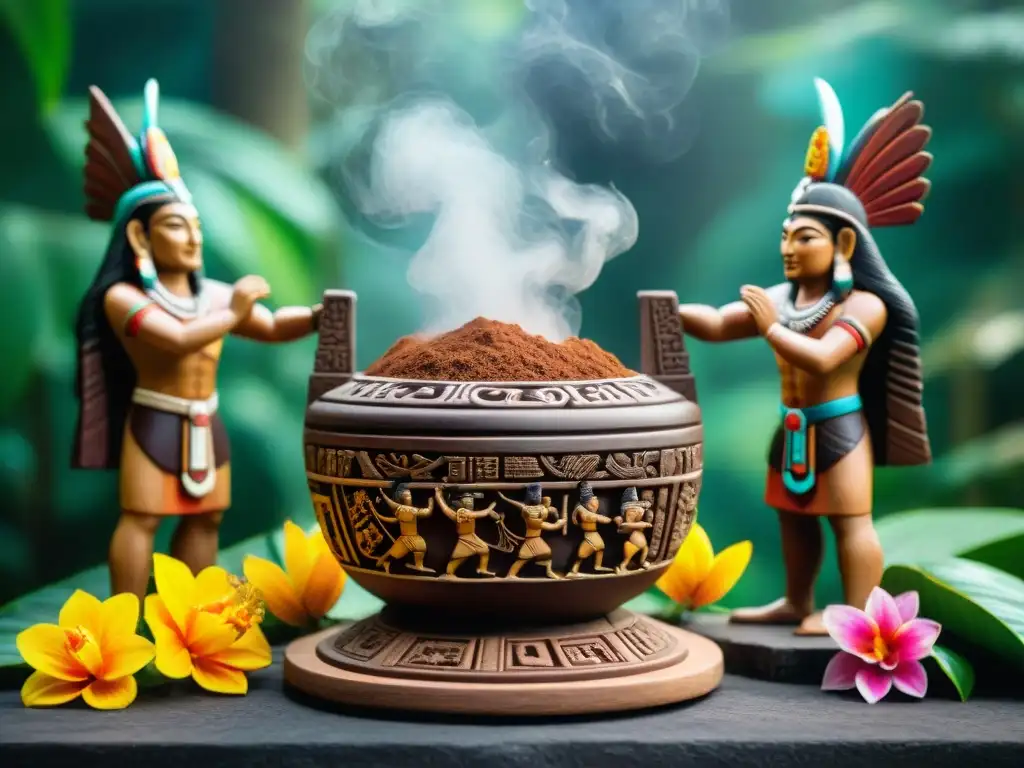 Ofrenda de cacao a los dioses mayas en templo de la jungla con sacerdotes vestidos tradicionalmente