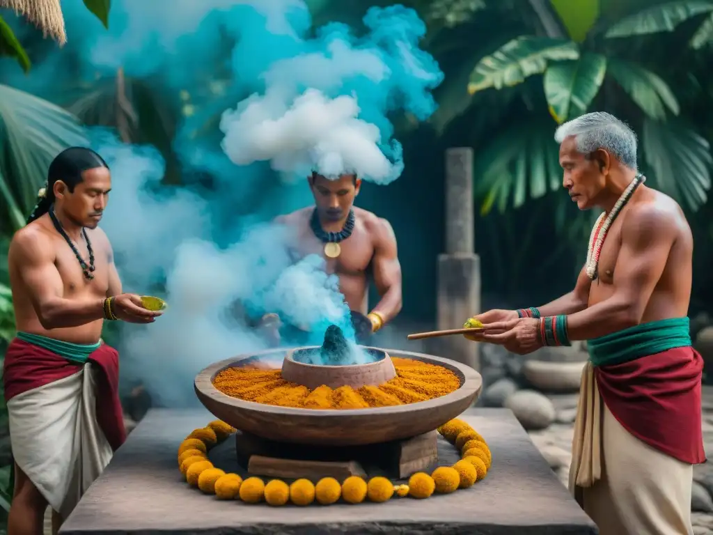 Ofrenda ritual maya con cacao en ceremonia