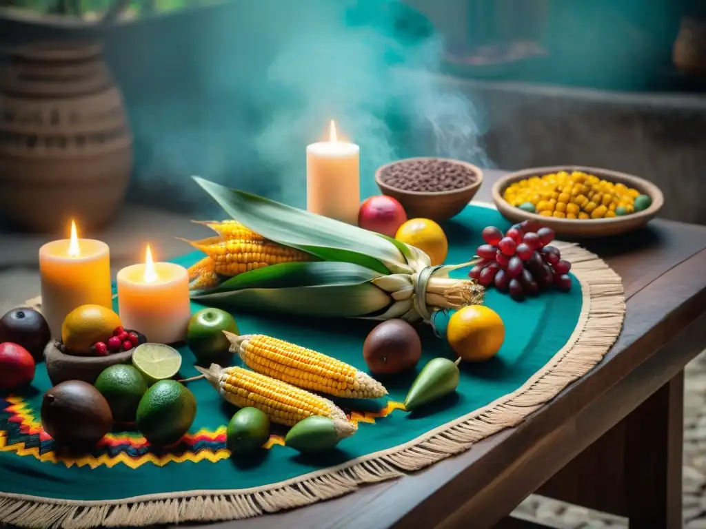 Ofrendas de alimentos en ceremonias mayas: mesa ceremonial con coloridas ofrendas y sacerdotes mayas en ritual