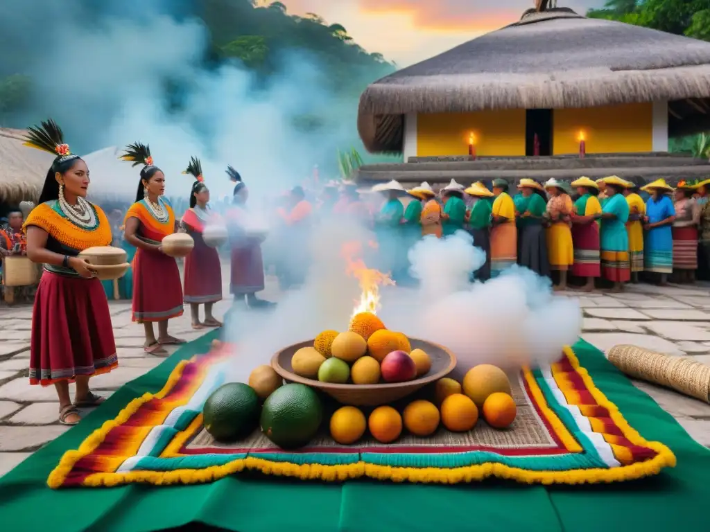 Ofrendas de alimentos en ceremonias mayas con colores vibrantes y ambiente místico