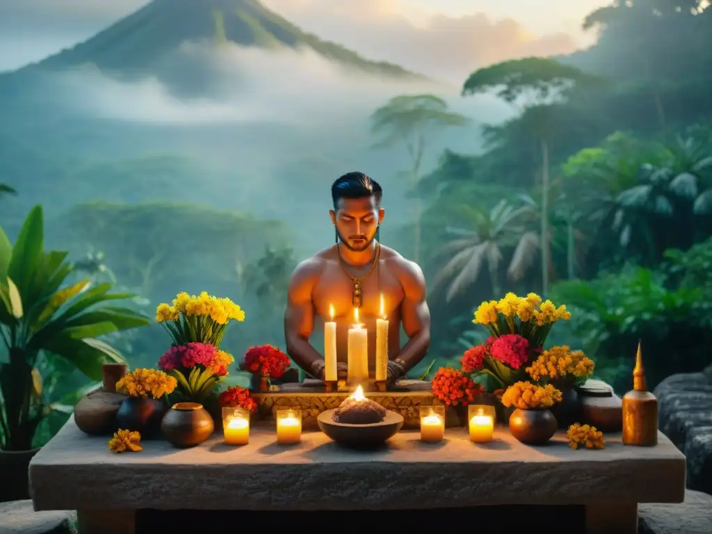 Ofrendas y sacrificios en mayas: Altar de piedra tallada con flores, plumas y copal, en la selva maya