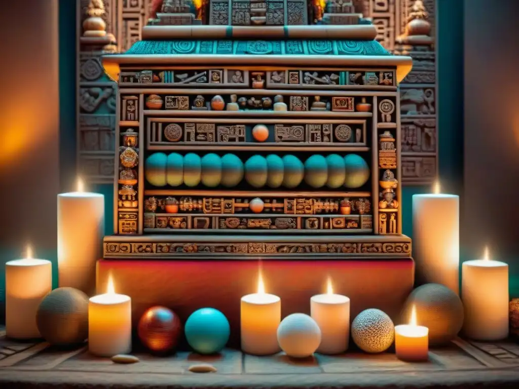 Ofrendas y sacrificios en mayas: Detalle de altar maya con objetos sagrados y símbolos, iluminado por velas