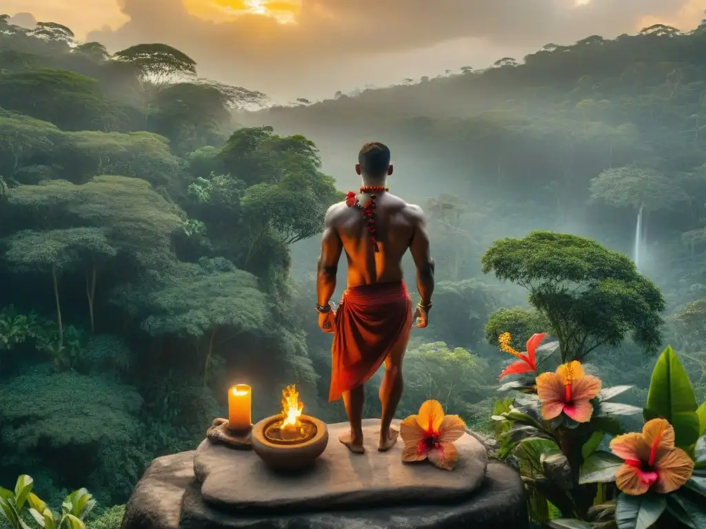 Ofrendas de sangre en la cultura maya: un altar de piedra tallada en la selva, adornado con hibiscos rojos y copal