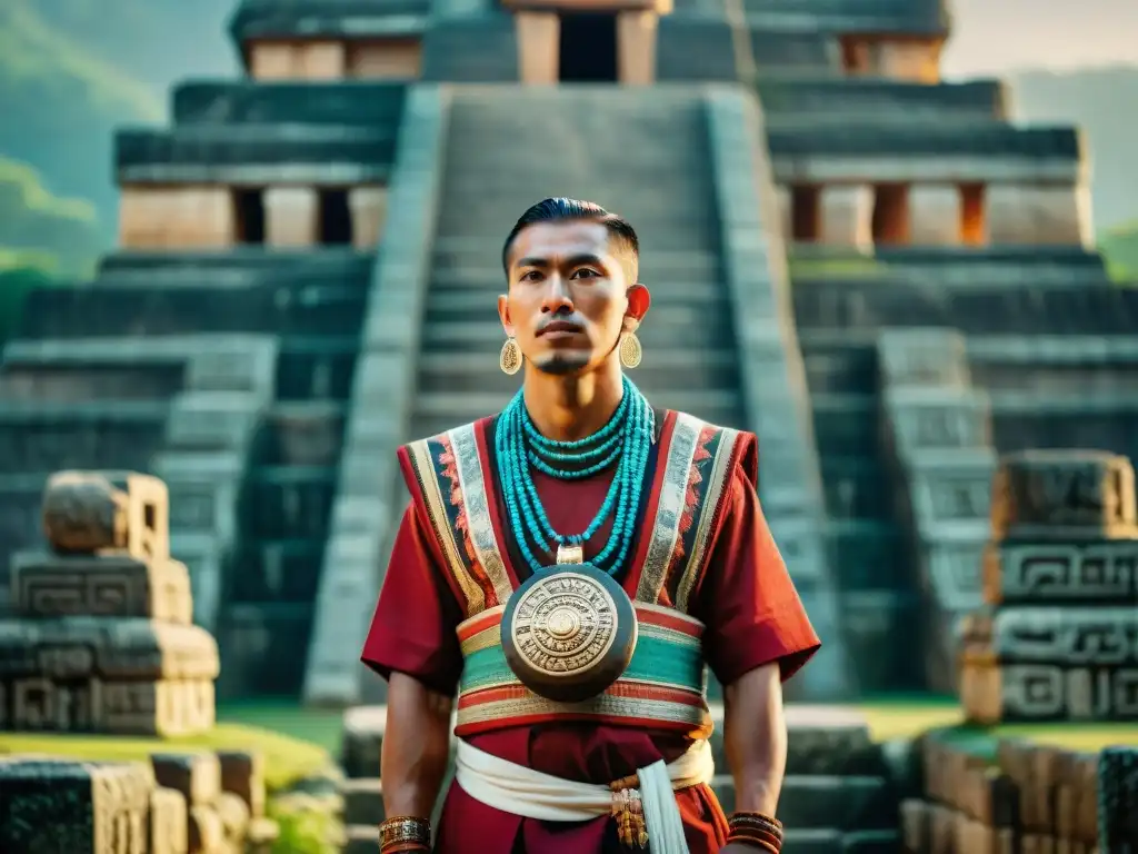 Herencia maya: pasado y presente en una sola imagen Un orador maya moderno junto a ruinas antiguas, reflejando la Importancia de la cultura maya