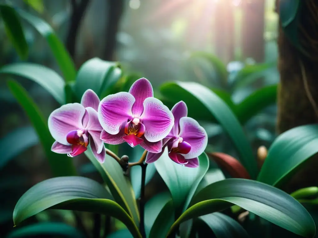 Una orquídea exuberante y detallada florece en la selva maya, con colores vibrantes y misticismo en la selva Maya