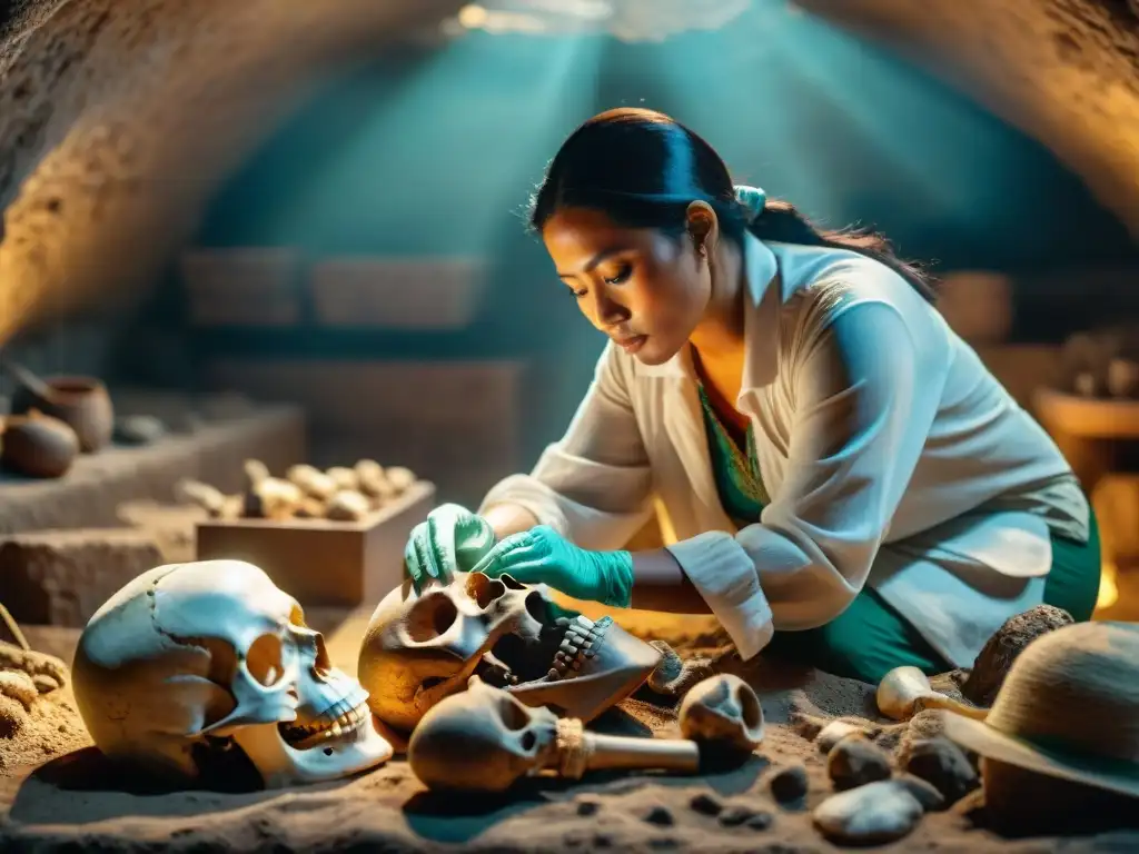 Un osteólogo maya cuidadosamente excavando restos antiguos, desvelando la vida y muerte maya