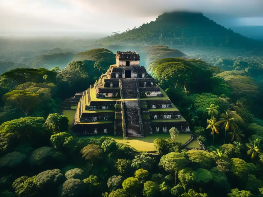 Un paisaje aéreo impresionante del exuberante bosque lluvioso de Guatemala con antiguas ruinas mayas y la conservación del legado maya innovador