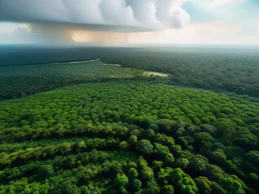 Un paisaje aéreo de selva verde en la Península de Yucatán, muestra la agricultura roza tumba quema maya en armonía con la naturaleza