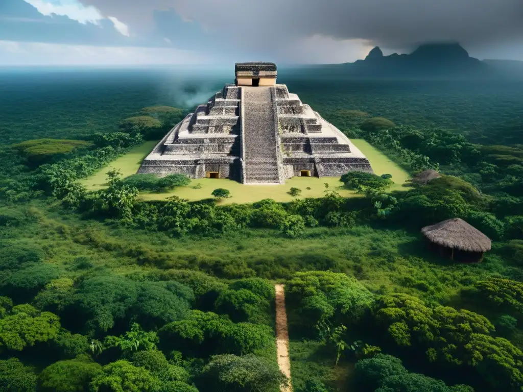 Un paisaje árido en Centroamérica muestra ruinas mayas, simbolizando el éxodo por cambio climático