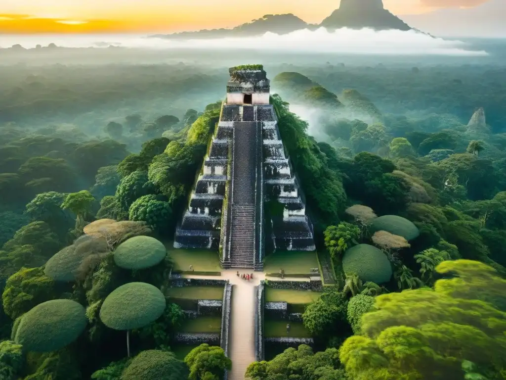 Esplendor dorado: Atardecer en la ciudad maya de Tikal Paisaje épico de Tikal al atardecer, con pirámides en la selva