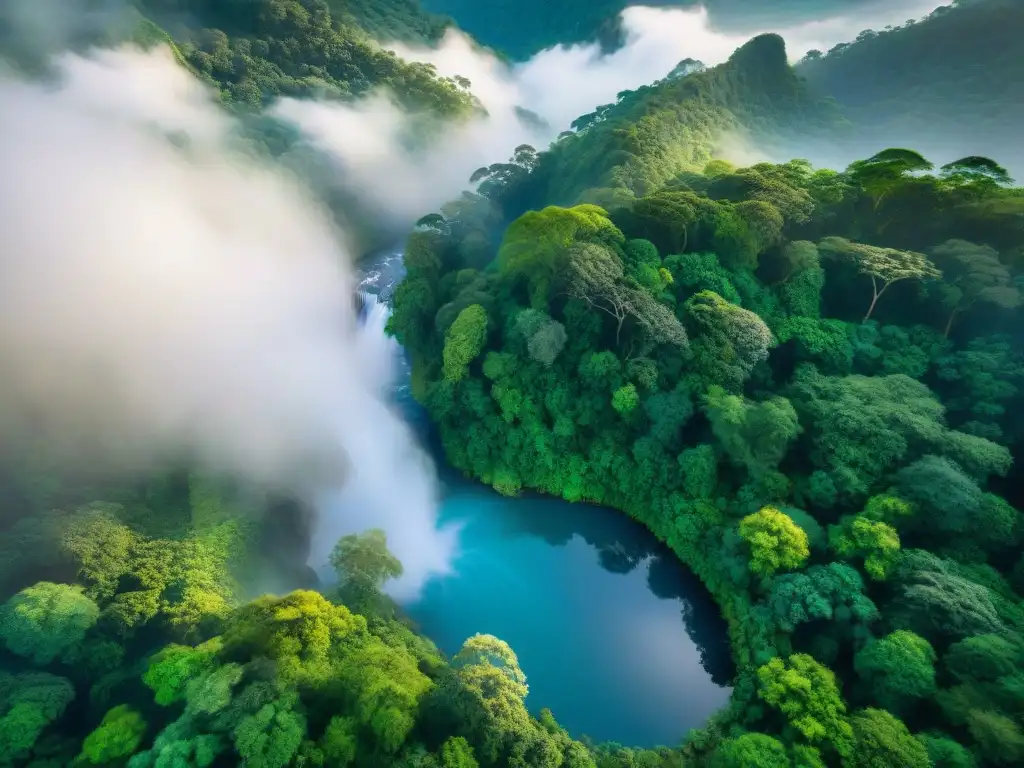 Un paisaje de jungla exuberante con un río serpenteante, sol brillante y cascada lejana