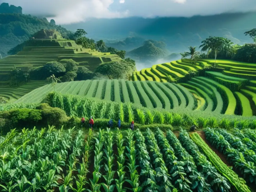 Un paisaje maya exuberante con un agricultor en terrazas, mostrando las prácticas agrícolas adoptadas por mayas