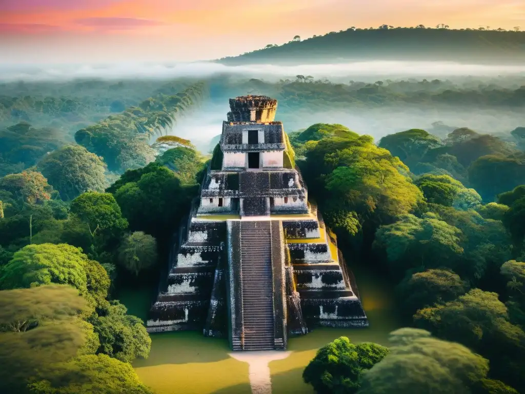 Un paisaje místico de las antiguas ruinas mayas de Tikal al atardecer, reflejando la reverencia por la vida, la muerte y la cultura maya