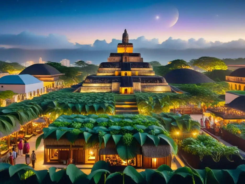 Un paisaje urbano sostenible que fusiona elementos arquitectónicos mayas con tecnología verde, en una visión universo maya sostenibilidad