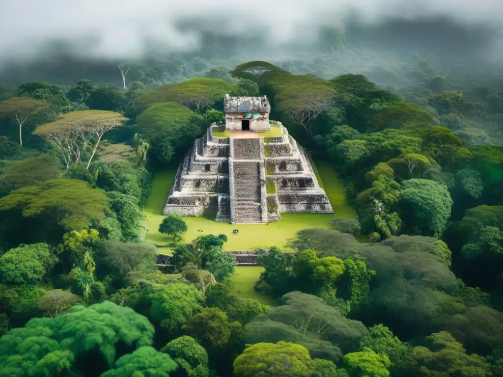 Un paisaje verde exuberante con ruinas Mayas antiguas entre la selva