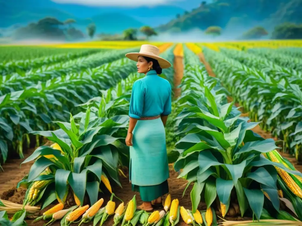 Milpa Maya: Ecosistema agrícola tradicional y sostenible Un paisaje vibrante de milpa maya con maíz, frijoles y calabaza en armonía, resaltando la dieta sostenible milpa maya