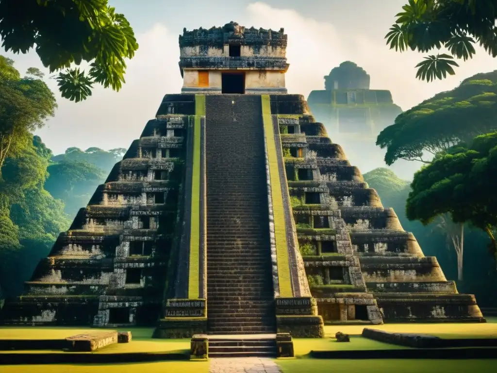 Fotografía de paisajes monumentos mayas: Pirámide maya en la selva, detallada con sombras y calidez, evocando misterio y grandeza
