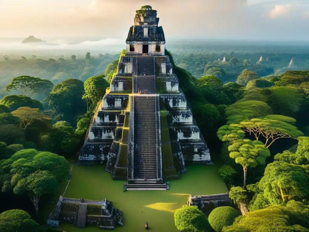 Fotografía paisajes monumentos mayas al atardecer en Tikal, Guatemala, resaltando ruinas, luz dorada y selva exuberante