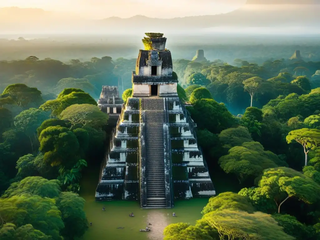 Fotografía de paisajes monumentos mayas en Tikal al amanecer, con ruinas antiguas entre la exuberante vegetación y luz dorada de la mañana