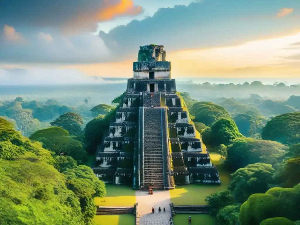 Fotografía de paisajes monumentos mayas en las ruinas de Tikal, Guatemala al atardecer
