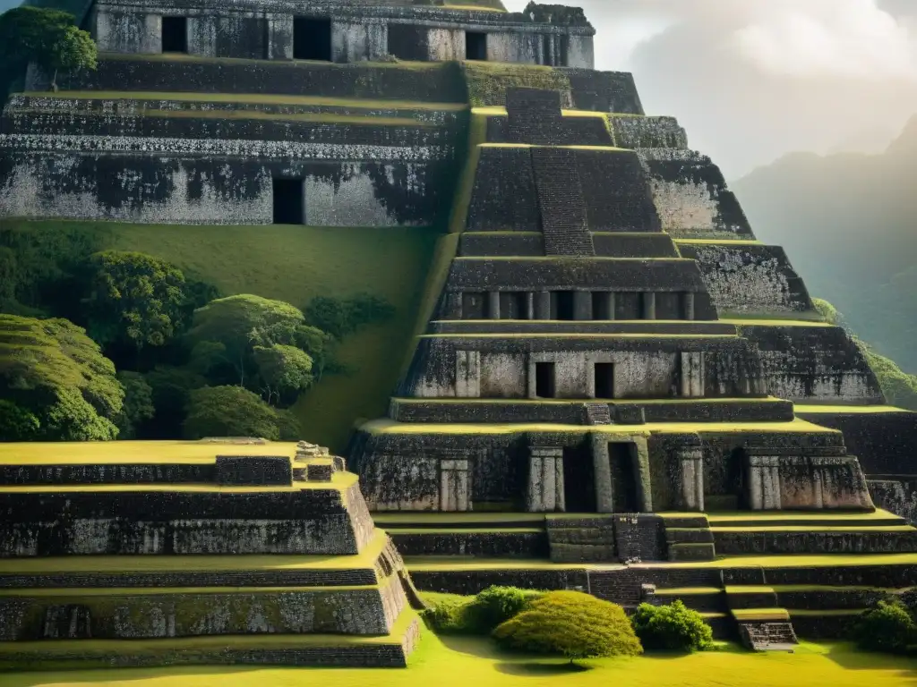 Panel jeroglífico maya en Xunantunich iluminado por el sol poniente, con detalles intrincados