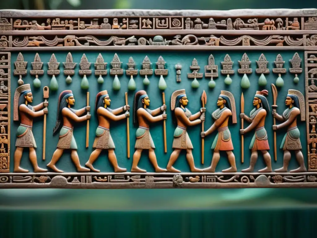 Panel maya de autosacrificio: ritual y poder Un panel maya detalla rituales de autosacrificio, con grabados de sangrado y reyes, simbolizando poder en la ceremonia