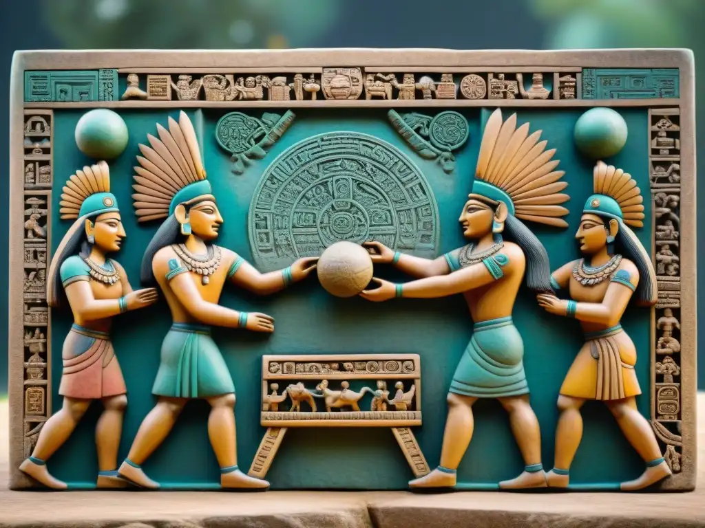 Panel de piedra tallada detallando juego de pelota maya como ritual cósmico