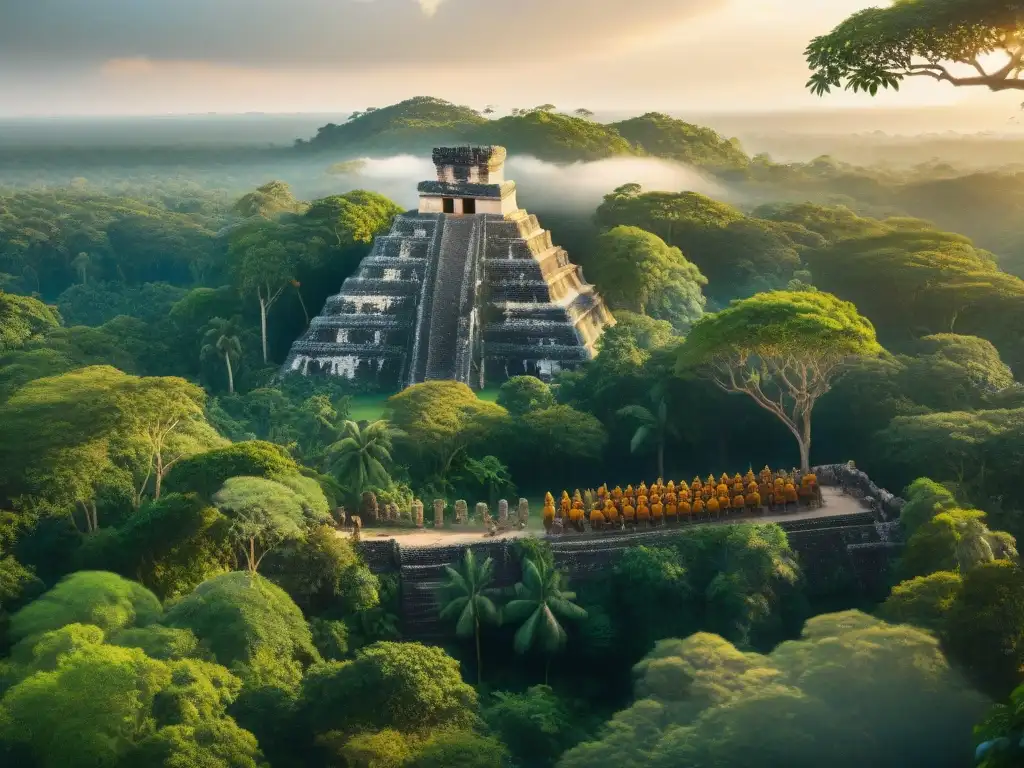 Panorámica de la densa selva maya al atardecer con estrategias militares mayas en un entorno antiguo y misterioso