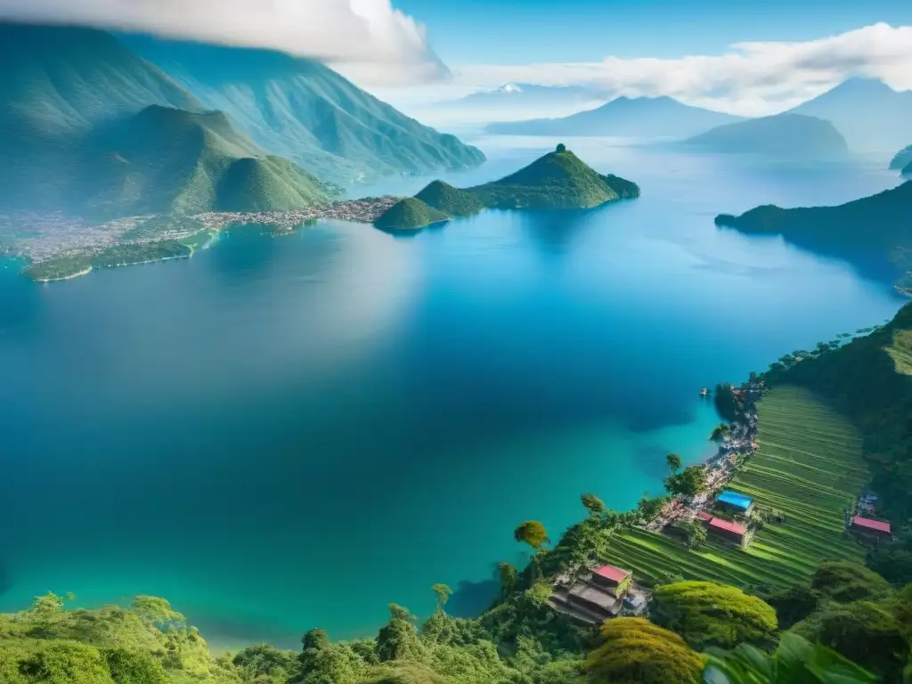 Panorámica de Lago Atitlán en Guatemala, reflejo de la cosmovisión maya con cuerpos de agua sagrados