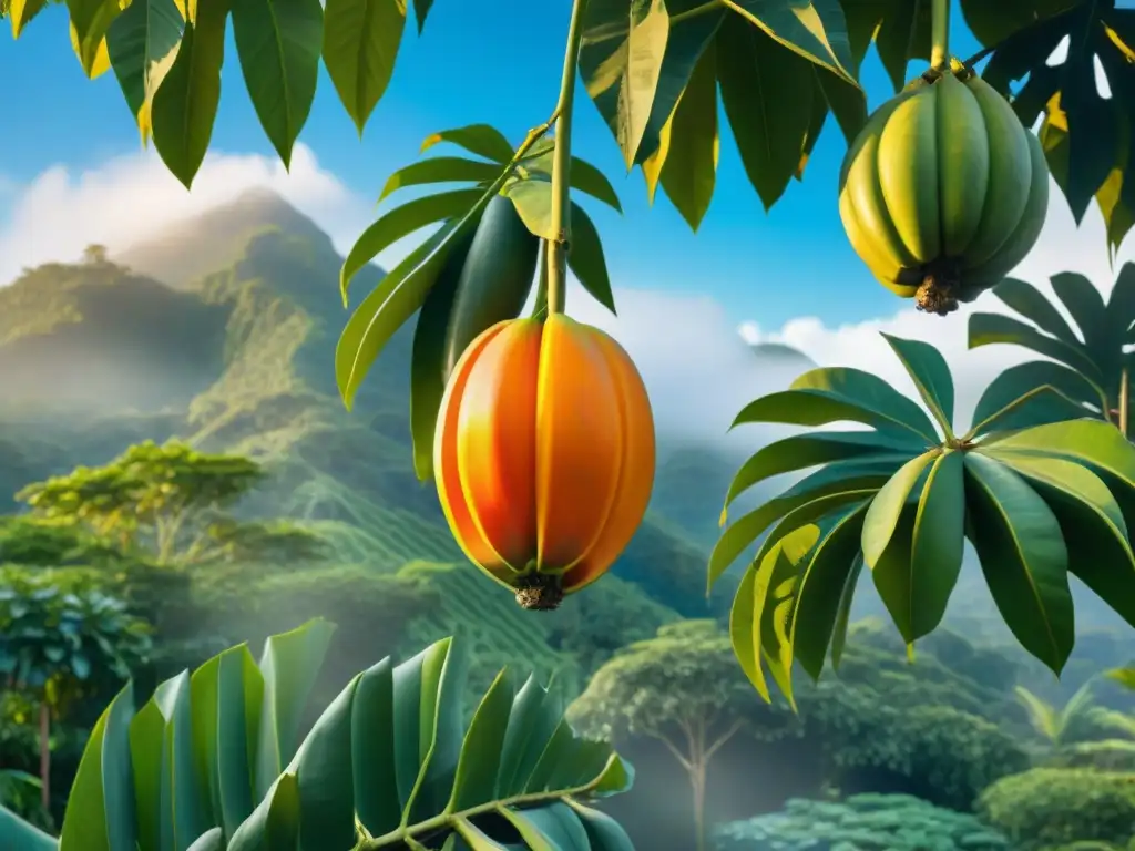 Un paraíso tropical con un vibrante árbol de papaya en plena floración, resaltando la belleza y beneficios de la Papaya maya