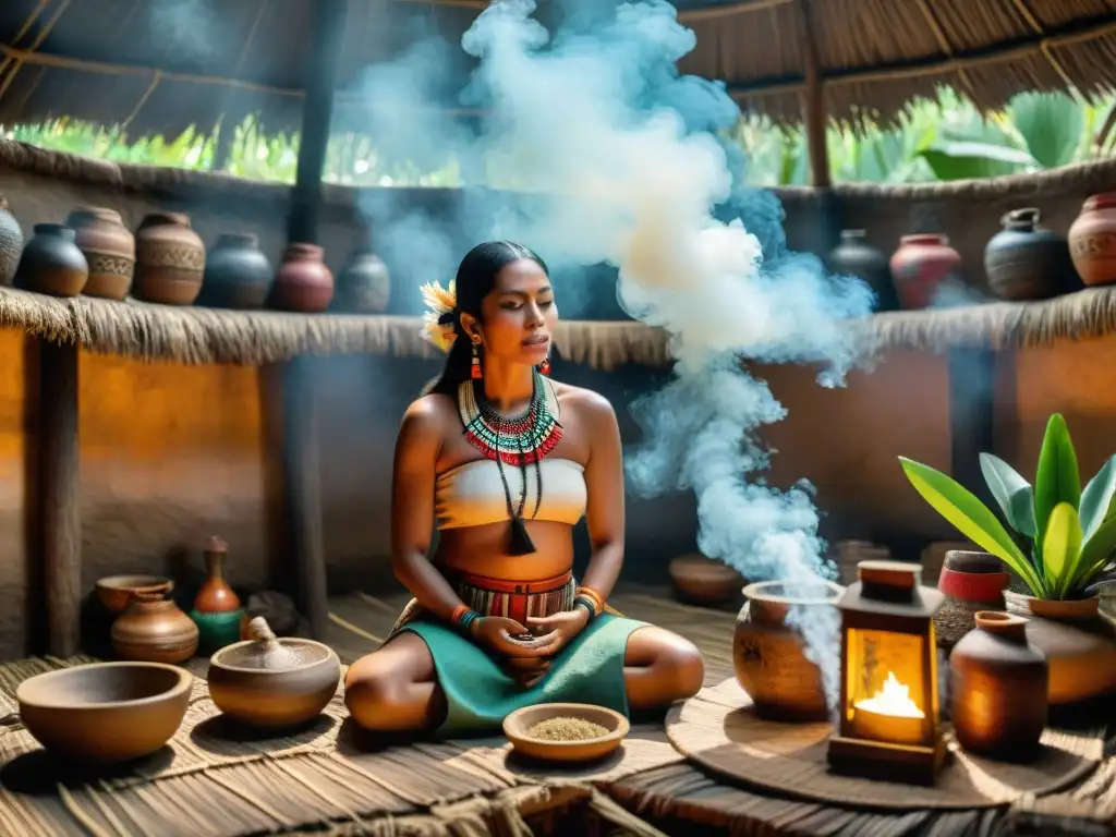 Una partera maya realiza un ritual de nacimiento en una choza tradicional, rodeada de hierbas y artefactos sagrados